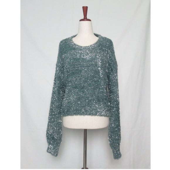 Anthropologie Maeve Tinsel Eyelash Sweater Blue Green Silver XL - Picture 4 of 11